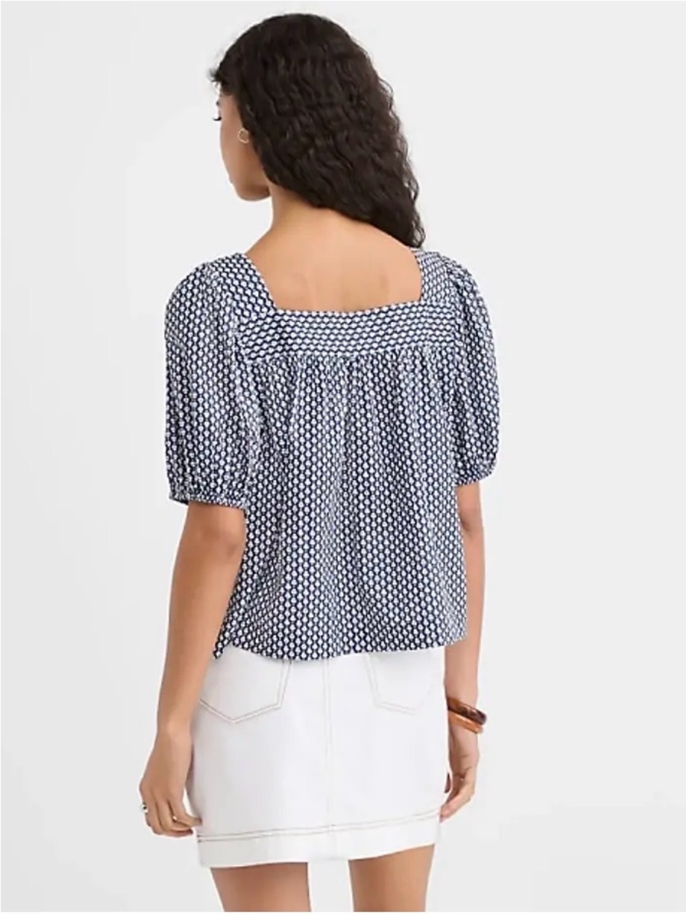 LOFT Navy Geometric Square-Neck Puff Sleeve Blouse